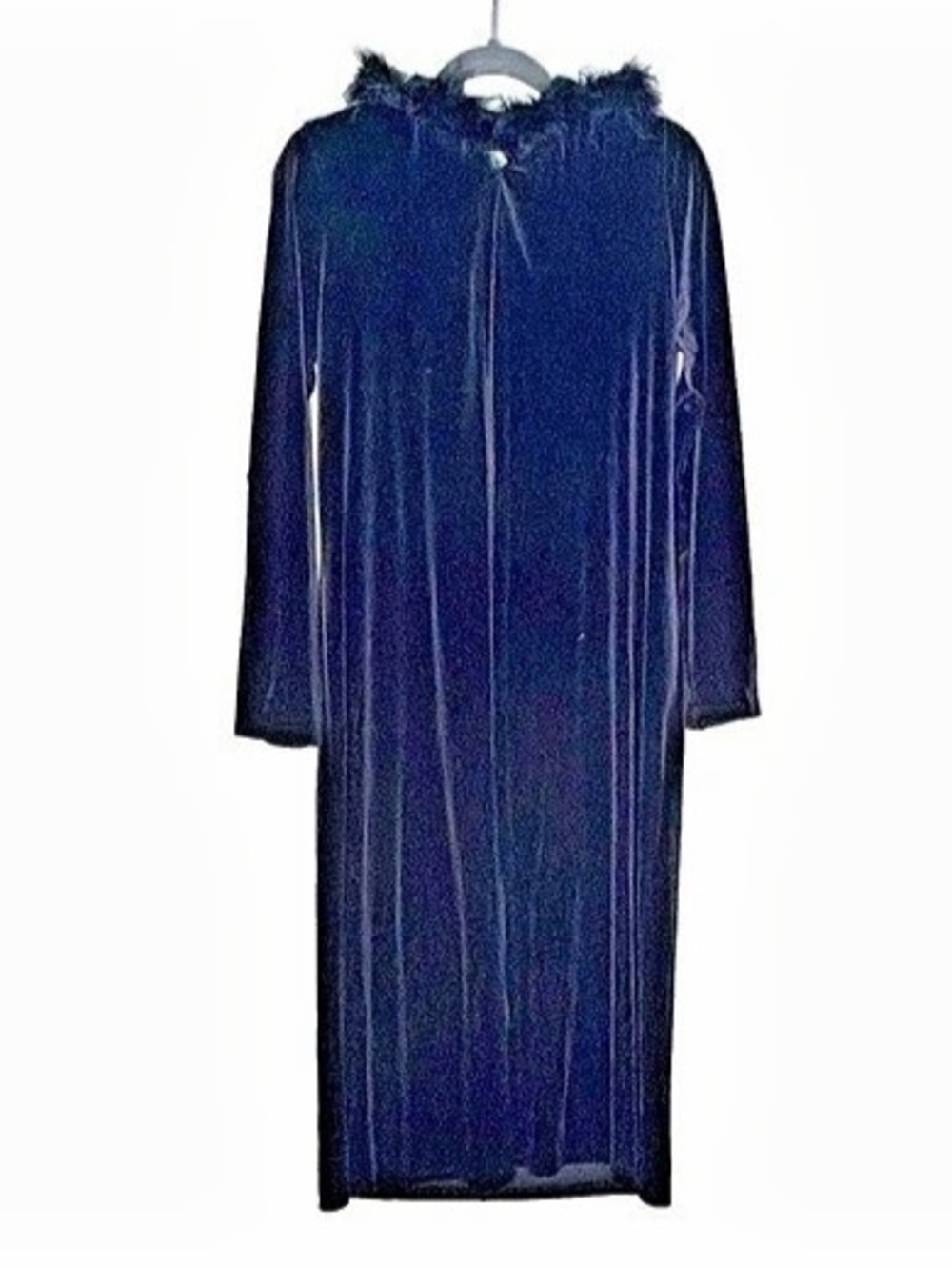 Vtg es.se Black Hooded Long Sleeve Velvet Open Duster Cardigan Faux Fur Trim M